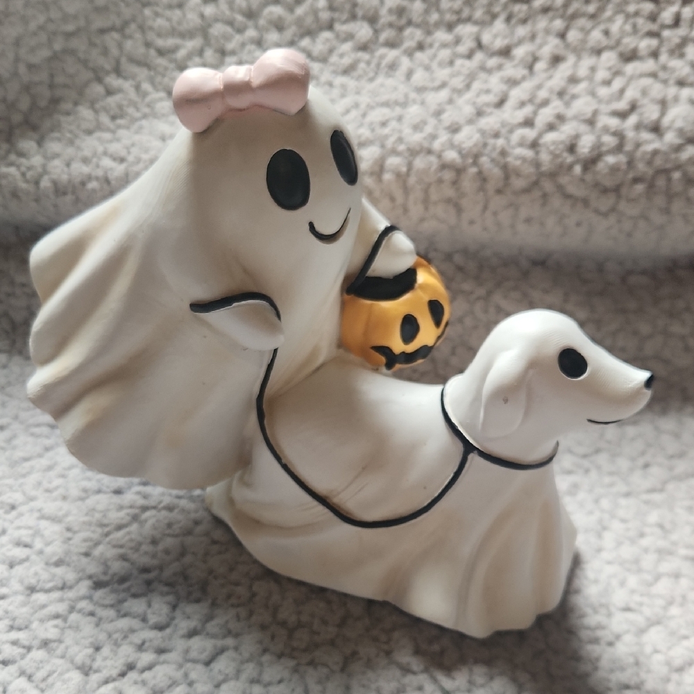 Halloween, Ghost With Pink Bow And Walking Ghost Dog W Pumpkin Figurine Pumpkin